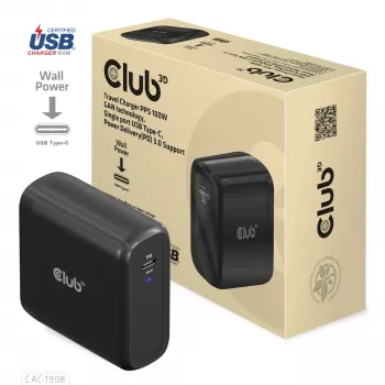 CLUB3D putni punjač 100 W GaN tehnologija, USB-IF TID certificiran, jedan priključak USB Type-C, Power Delivery (PD) 3.0 podrška