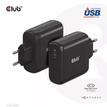 CLUB3D putni punjač 100 W GaN tehnologija, USB-IF TID certificiran, jedan priključak USB Type-C, Power Delivery (PD) 3.0 podrška