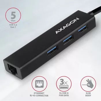 Axagon HMA-GL3A višepriključni hub USB 3.0 Type A Gbit-LAN 3x USB-A microSD žičani USB 3.2 Gen 1 (3.1 Gen 1) Type-A crni