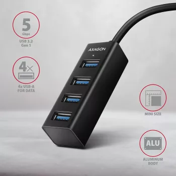 Axagon HUE-M1A 4x USB 3.2 Gen 1 MINI hub, metalni, 20 cm USB-A kabel