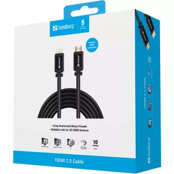 Sandberg HDMI 2.0 kabel 19M-19M, 10 m, HDMI Type A (Standard), HDMI Type A (Standard), crni