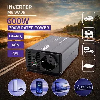 Qoltec MS Wave Power pretvarač 12V na 230V 300/600W USB kompatibilan s LiFePO4 GEL AGM