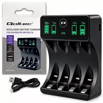 Qoltec 50968 NiMH punjač baterija za AA/AAA s LCD-om i USB-C kabelom, crni