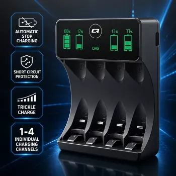 Qoltec 50968 NiMH punjač baterija za AA/AAA s LCD-om i USB-C kabelom, crni