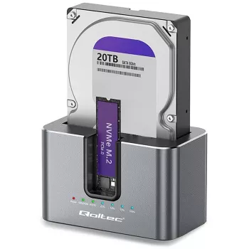 Qoltec 2u1 HDD SSD docking stanica SATA M.2 NVMe s funkcijom kloniranja, USB-C 3.2 Gen 2, 10Gbps, do 28TB, aluminijska