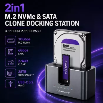 Qoltec 2u1 HDD SSD docking stanica SATA M.2 NVMe s funkcijom kloniranja, USB-C 3.2 Gen 2, 10Gbps, do 28TB, aluminijska