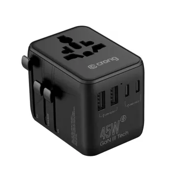 Crong One World putni adapter GaN 45W UK/EU/US/AU crni