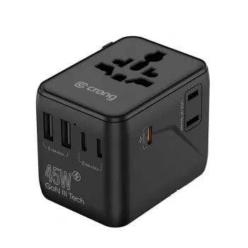 Crong One World putni adapter GaN 45W UK/EU/US/AU crni