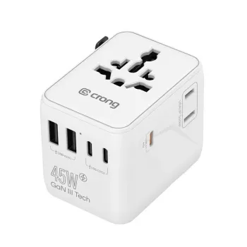 Crong One World putni adapter GaN 45W UK/EU/US/AU bijeli
