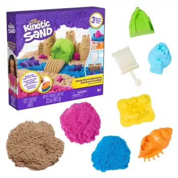 Kinetic Sand Beach Adventure set – 907g pijeska u 3 boje s kalupima, alatom i podlogom za igru
