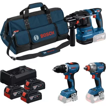 BOSCH Power Tools 18 V Professional combo set: rotacijski čekić GBH 18V-22 + odvijačica GSR 18V-65 + udarni odvijač GDX 18V-285 (plavo-crni, 3x 5,0 Ah Li-Ion baterije, torba za alat)