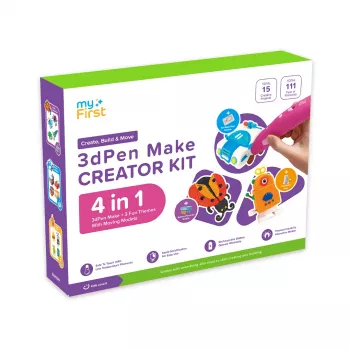 myFirst 3dPen Make Creator Kit - set 3D olovke s 3 tematska seta šablona, 3 pokretna predloška modela i PCL filamentima (crveni)