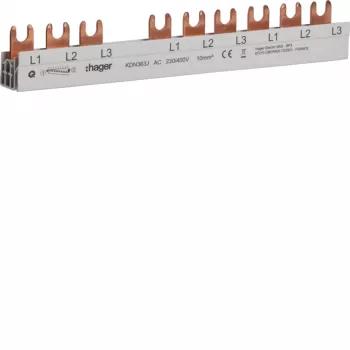 Hager KDN363J 3-polna fazna sabirnica s viljuškastim priključkom 10mm² 63A 10 modula