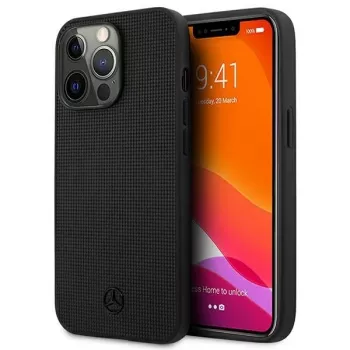 Mercedes-Benz MEHCP13LMBLBK tvrda futrola od kože s mrežastim metalnim logom za iPhone 13 Pro / 13, 6,1 inch, crna