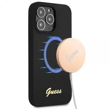 Guess GUHMP13XLSLMGBK silikonska tvrda futrola za Apple iPhone 13 Pro Max 6,7 inch crna sa zlatnim logom MagSafe