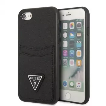 Guess GUHCI8PSATPK tvrda futrola za iPhone 7/8/SE 2020/SE 2022 crna Saffiano s trokutastim logom i pretincem za kartice