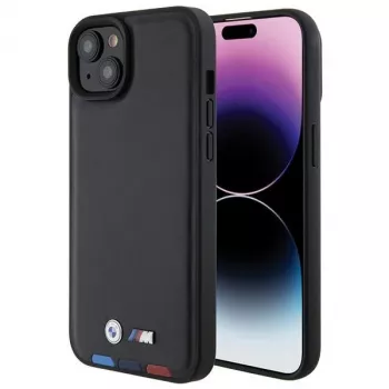 BMW M Collection Leather Stamp Back Cover for iPhone 15 Plus / 14 Plus 6.7 inch - Black Tricolor