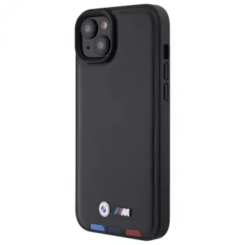 BMW M Collection Leather Stamp Back Cover for iPhone 15 Plus / 14 Plus 6.7 inch - Black Tricolor