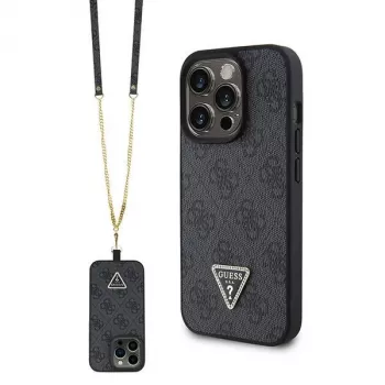 GUESS PU 4G Strass Triangle Metal futrola + remen za iPhone 15 Pro crna
