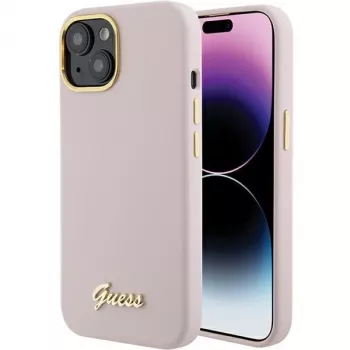 Guess GUHCP15SSMBSLP silikonska tvrda maska Script Metal Logo & Frame za Apple iPhone 15 / 14 / 13 6,1 inch - ružičasta