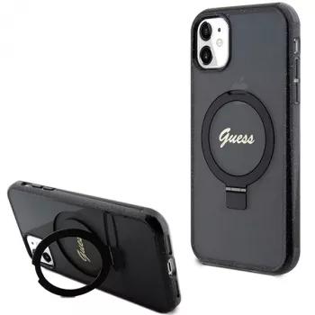 Guess GUHMN61HRSGSK iPhone 11 / XR 6.1 crna tvrda futrola s prstenom Script Glitter MagSafe