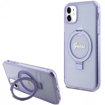 Guess GUHMN61HRSGSU iPhone 11 / XR 6,1 inch ljubičasta tvrda futrola s prstenom Script Glitter MagSafe