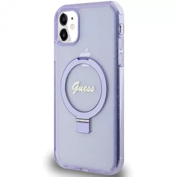 Guess GUHMN61HRSGSU iPhone 11 / XR 6,1 inch ljubičasta tvrda futrola s prstenom Script Glitter MagSafe