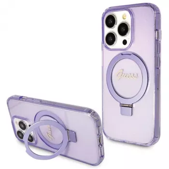 Guess GUHMP14LHRSGSU iPhone 14 Pro 6.1 tvrda futrola s prstenom Script Glitter MagSafe ljubičasta