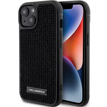 Karl Lagerfeld KLHCP15SHDSPLK iPhone 15 / 14 / 13 6.1 crna tvrda futrola s logom od cirkona i metalnom pločom