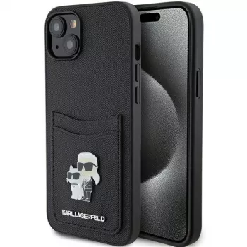 Karl Lagerfeld KLHCP15SSAPKCNPK iPhone 15 / 14 / 13 6.1 crna tvrda futrola Saffiano s pretincem za kartice Karl & Choupette metalni privjesak