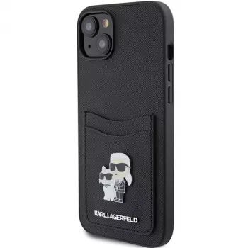 Karl Lagerfeld KLHCP15SSAPKCNPK iPhone 15 / 14 / 13 6.1 crna tvrda futrola Saffiano s pretincem za kartice Karl & Choupette metalni privjesak