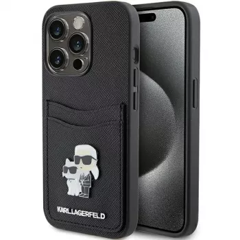 Karl Lagerfeld KLHCP15LSAPKCNPK iPhone 15 Pro 6.1 crna tvrda futrola Saffiano s pretincem za kartice Karl & Choupette metalni privjesak