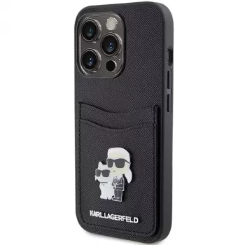 Karl Lagerfeld KLHCP15LSAPKCNPK iPhone 15 Pro 6.1 crna tvrda futrola Saffiano s pretincem za kartice Karl & Choupette metalni privjesak