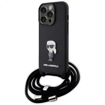 Karl Lagerfeld KLHCP15LSASKNPSK iPhone 15 Pro 6.1 tvrda futrola crna Crossbody Saffiano Monogram metalni privjesak Karl & Choupette