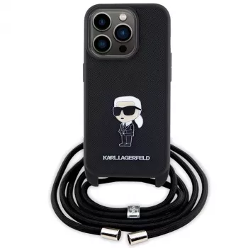 Karl Lagerfeld KLHCP15LSASKNPSK iPhone 15 Pro 6.1 tvrda futrola crna Crossbody Saffiano Monogram metalni privjesak Karl & Choupette