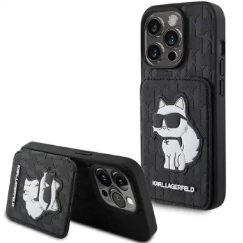 Karl Lagerfeld KLHCP15LSAKCNSCK tvrda futrola za iPhone 15 Pro 6,1 inch crna Saffiano s pretincima za kartice i stalkom Monogram Choupette