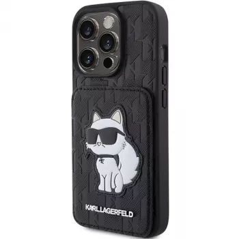 Karl Lagerfeld KLHCP15LSAKCNSCK tvrda futrola za iPhone 15 Pro 6,1 inch crna Saffiano s pretincima za kartice i stalkom Monogram Choupette