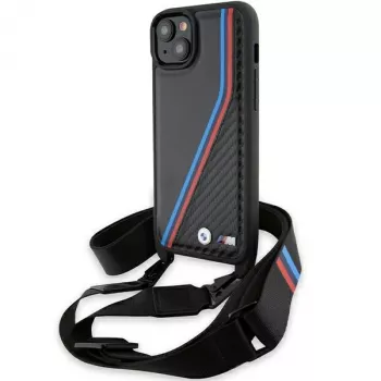 BMW M Edition Carbon Tricolor Lines Hardcase for iPhone 15 Plus / 14 Plus 6.7 inch Black with Strap