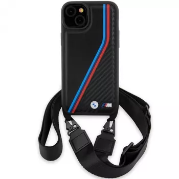 BMW M Edition Carbon Tricolor Lines Hardcase for iPhone 15 Plus / 14 Plus 6.7 inch Black with Strap