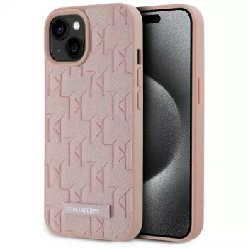 Karl Lagerfeld kožna monogram metalni logo MagSafe futrola za iPhone 15 ružičasta