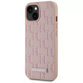 Karl Lagerfeld kožna monogram metalni logo MagSafe futrola za iPhone 15 ružičasta