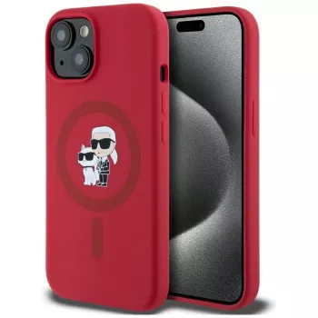KARL LAGERFELD silikonska futrola za iPhone 15 s MagSafe i držačem prstena - Karl & Choupette Heads - crvena