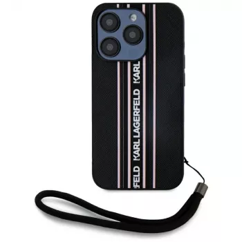 KARL LAGERFELD Saffiano Athleisure Stripes Cord futrola za iPhone 15 Pro, crno-ružičasta