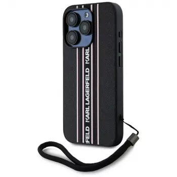 KARL LAGERFELD Saffiano Athleisure Stripes Cord futrola za iPhone 15 Pro, crno-ružičasta