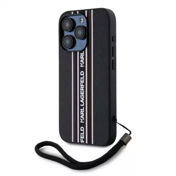 Karl Lagerfeld Saffiano AthleisureStripes Cord futrola za iPhone 15 Pro Max crno-ružičasta