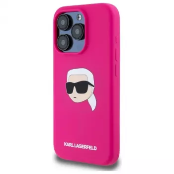 Karl Lagerfeld iPhone 15 Pro 6,1 inch tvrda silikonska futrola s printom Karl glave, MagSafe - fuksija