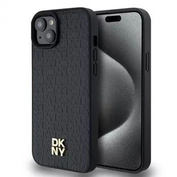 DKNY DKHMP15MPSHRPSK iPhone 15 Plus / 14 Plus 6,7 inch crna tvrda futrola koža monogram uzorak metalni logotip MagSafe