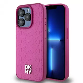 DKNY DKHMP15LPSHRPSP iPhone 15 Pro 6,1 inch ružičasta kožna tvrda futrola s monogram uzorkom i metalnim logotipom, kompatibilna s MagSafe
