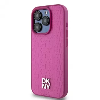 DKNY DKHMP15LPSHRPSP iPhone 15 Pro 6,1 inch ružičasta kožna tvrda futrola s monogram uzorkom i metalnim logotipom, kompatibilna s MagSafe