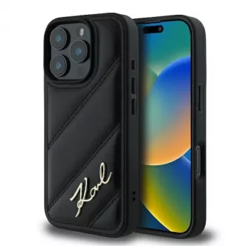 Karl Lagerfeld Quilted Signature čvrsta maska za iPhone 16 Pro, crna